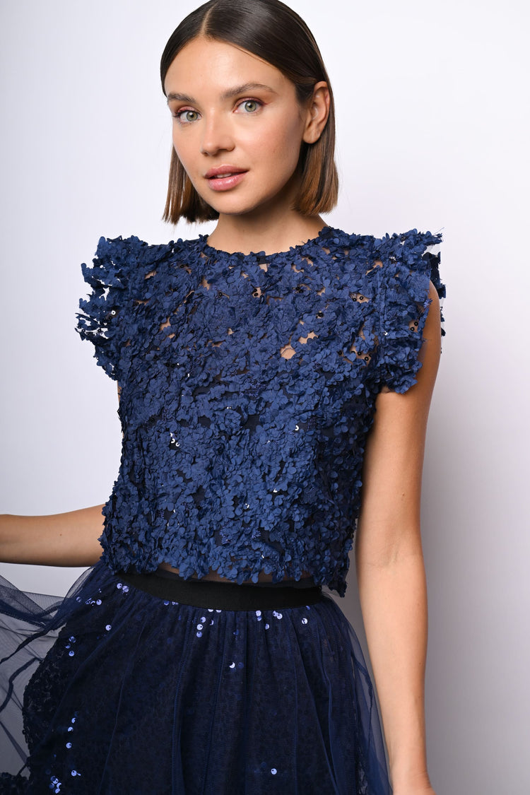Sequins floral lace cropped top