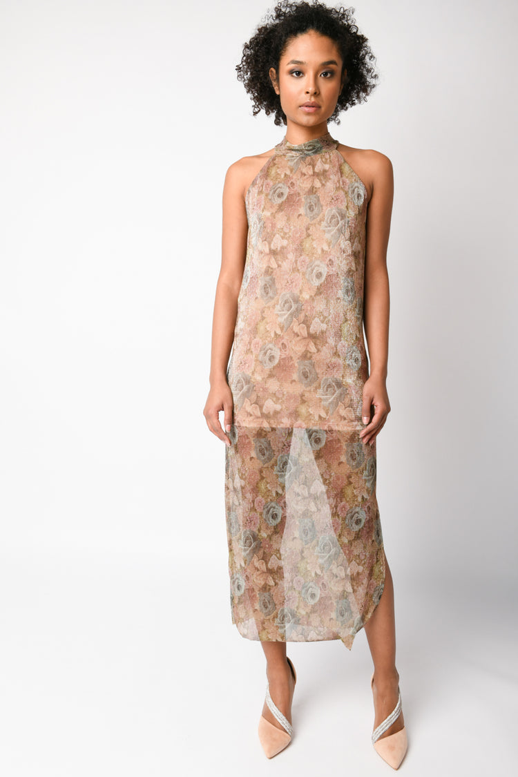 Floral print lurex halter dress
