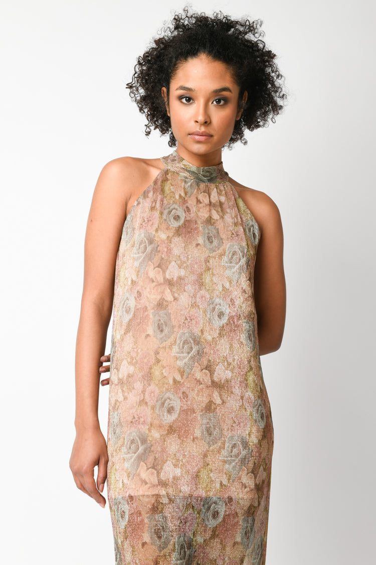 Floral print lurex halter dress