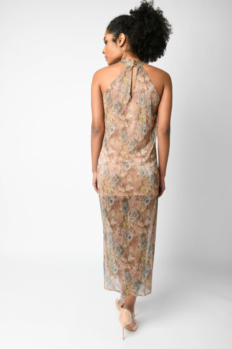 Floral print lurex halter dress