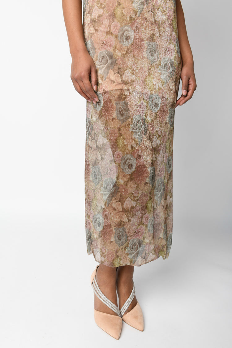 Floral print lurex halter dress