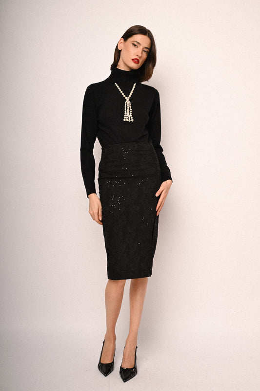 Sequin-embellished textured midi skirt