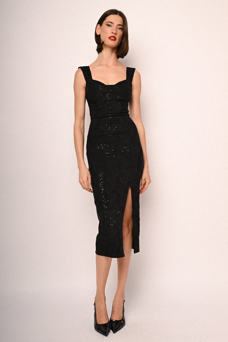 Sequin-embellished textured sheath dress