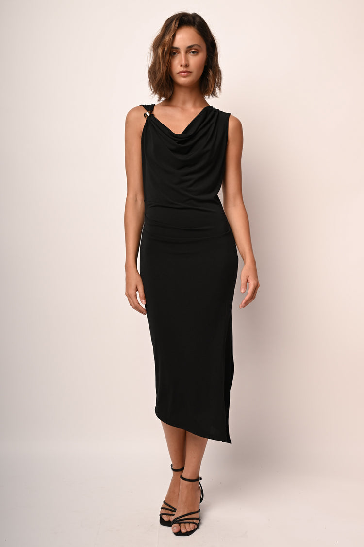 Draped and asymmetric sheath dress