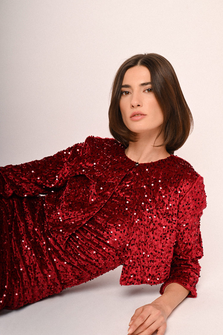 Sequin-embellished chenille bolero