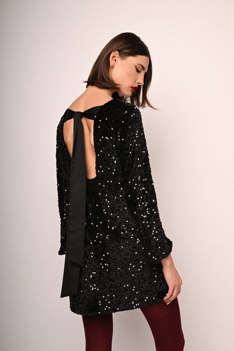 Back bow  sequin chenille mini dress
