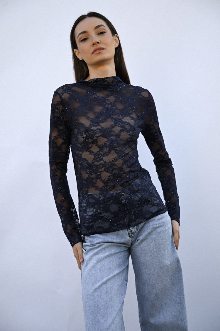 Crater collar sequin lace top