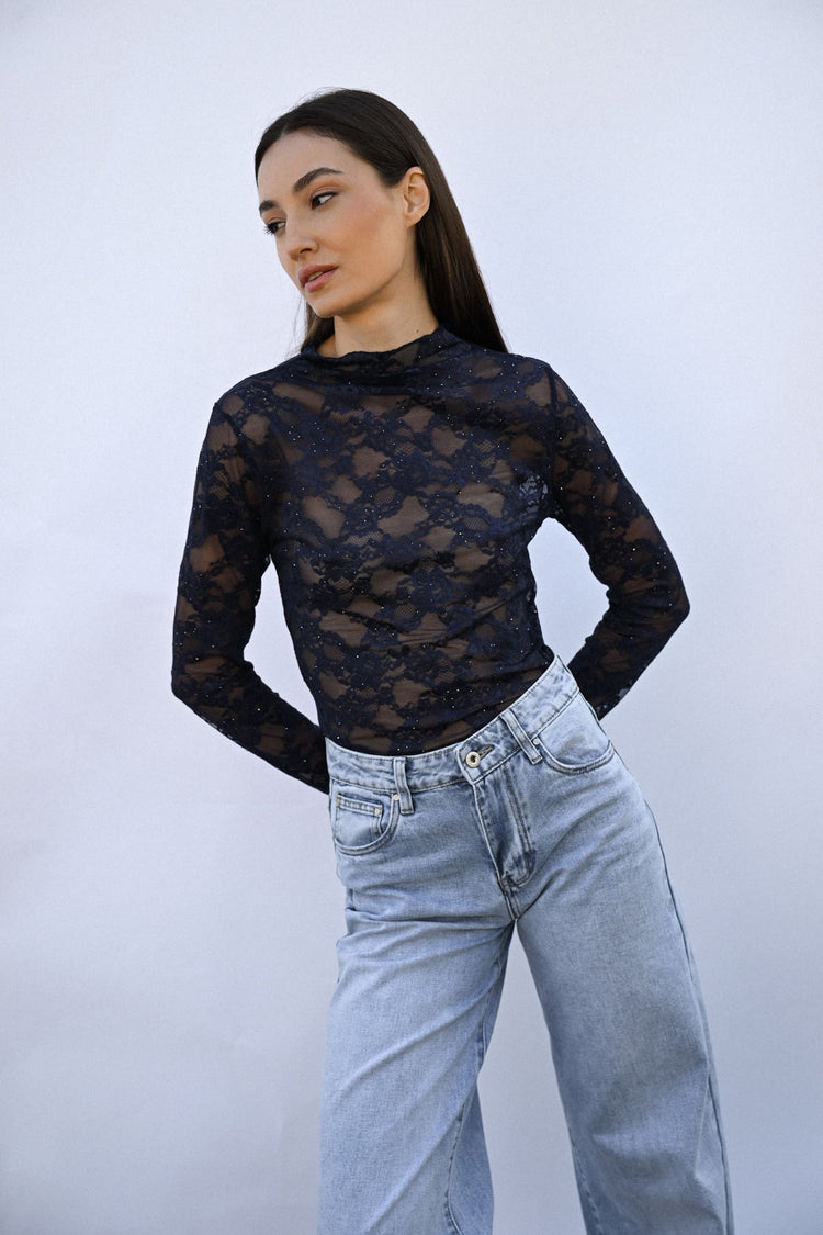 Crater collar sequin lace top