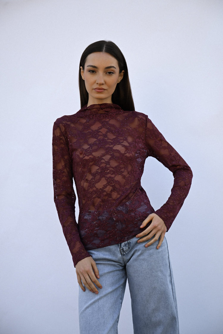 Crater collar sequin lace top
