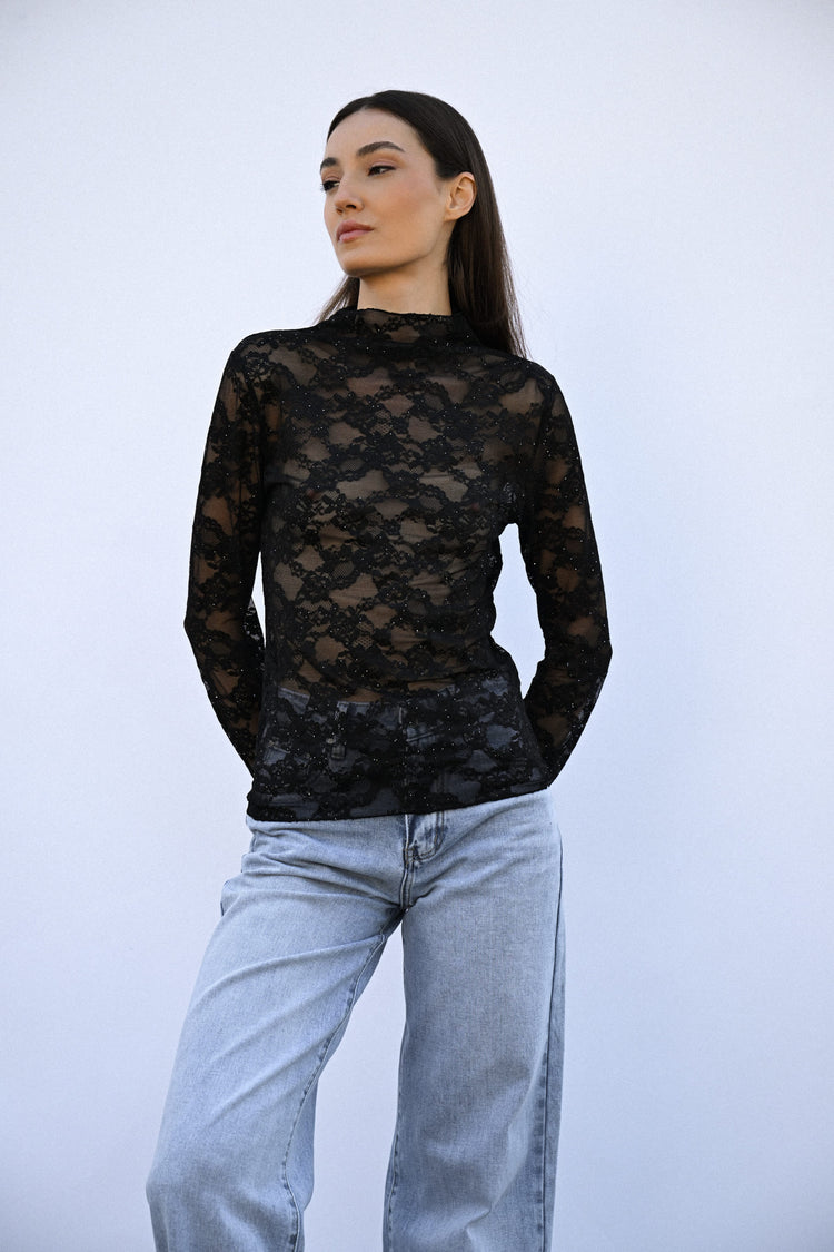 Crater collar sequin lace top