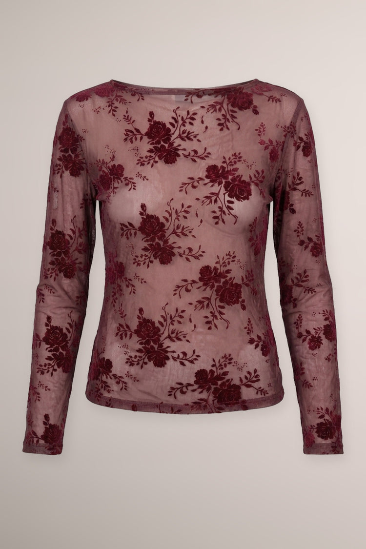 Burgundy floral dévoré tulle top