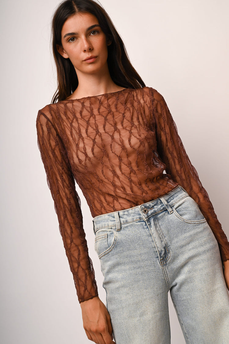 Dévoré tulle boat neck top
