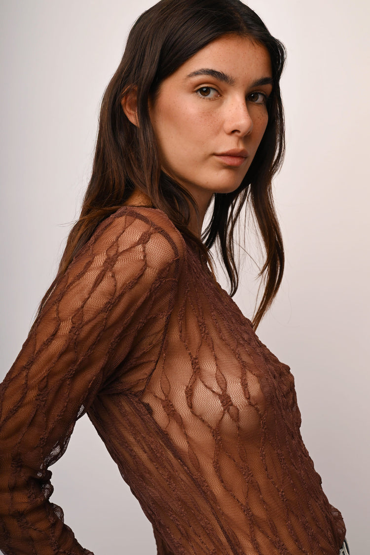 Dévoré tulle boat neck top