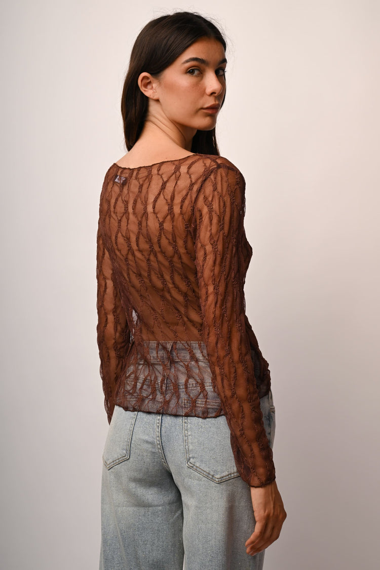 Dévoré tulle boat neck top