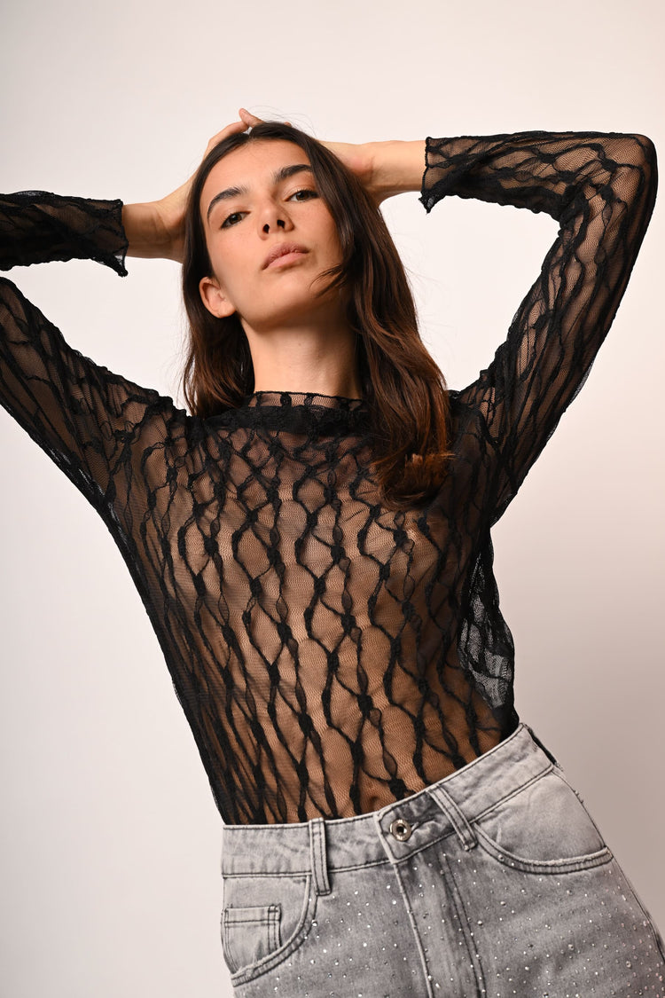 Dévoré tulle boat neck top
