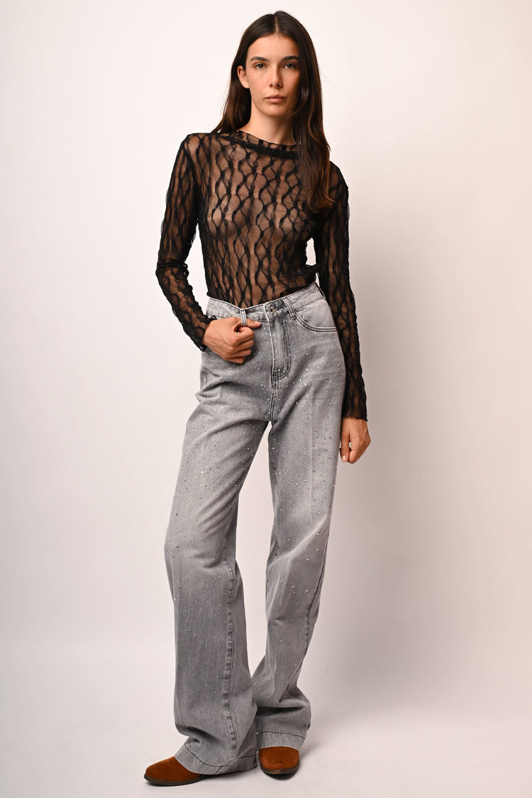 Dévoré tulle boat neck top