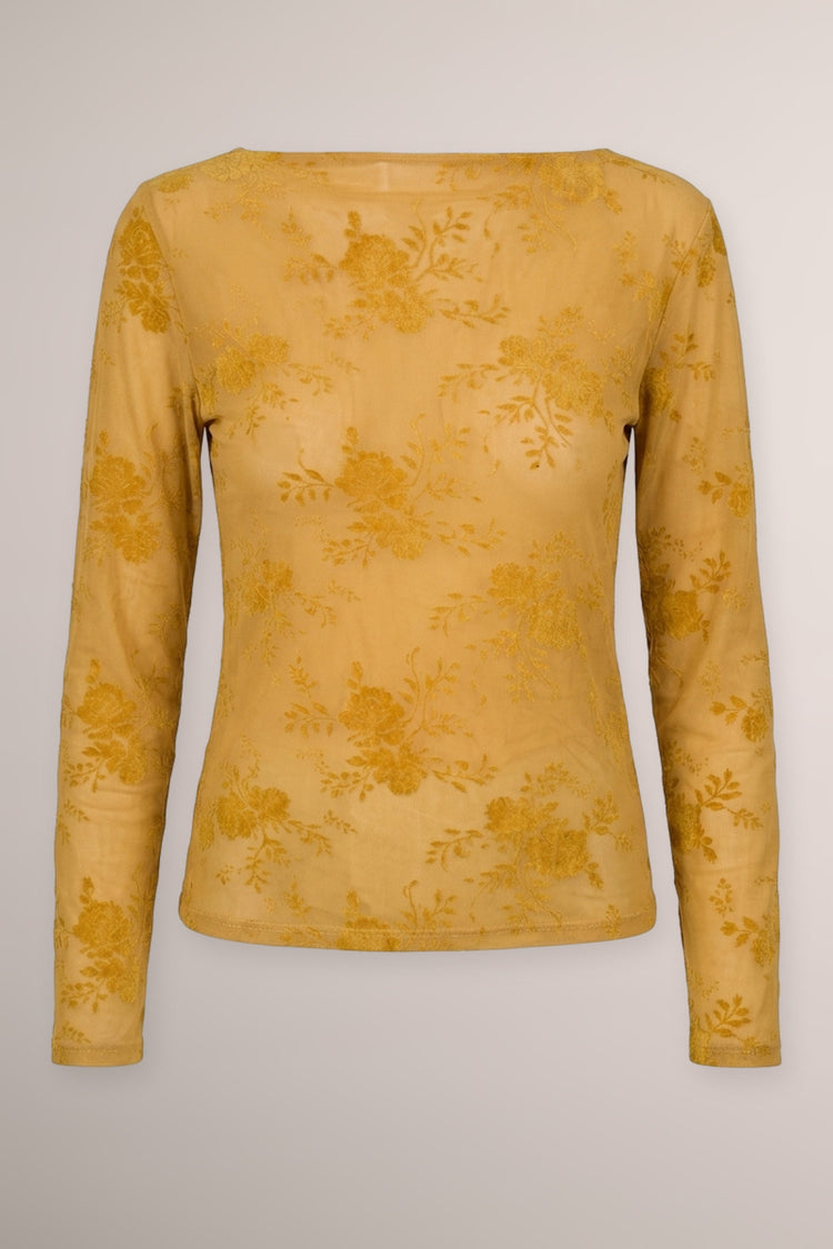 Yellow floral dévoré tulle top