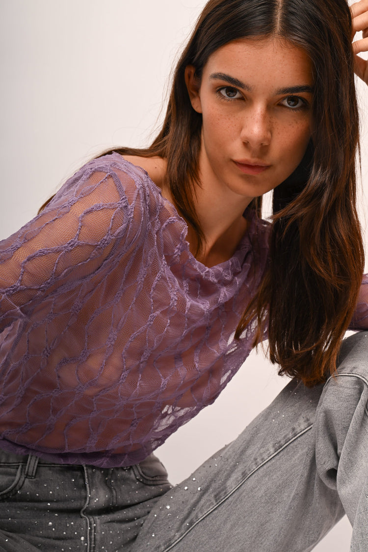 Dévoré tulle boat neck top