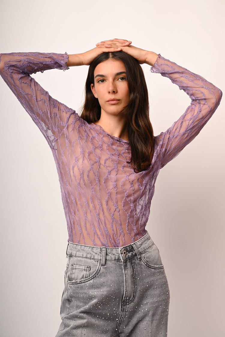 Dévoré tulle boat neck top