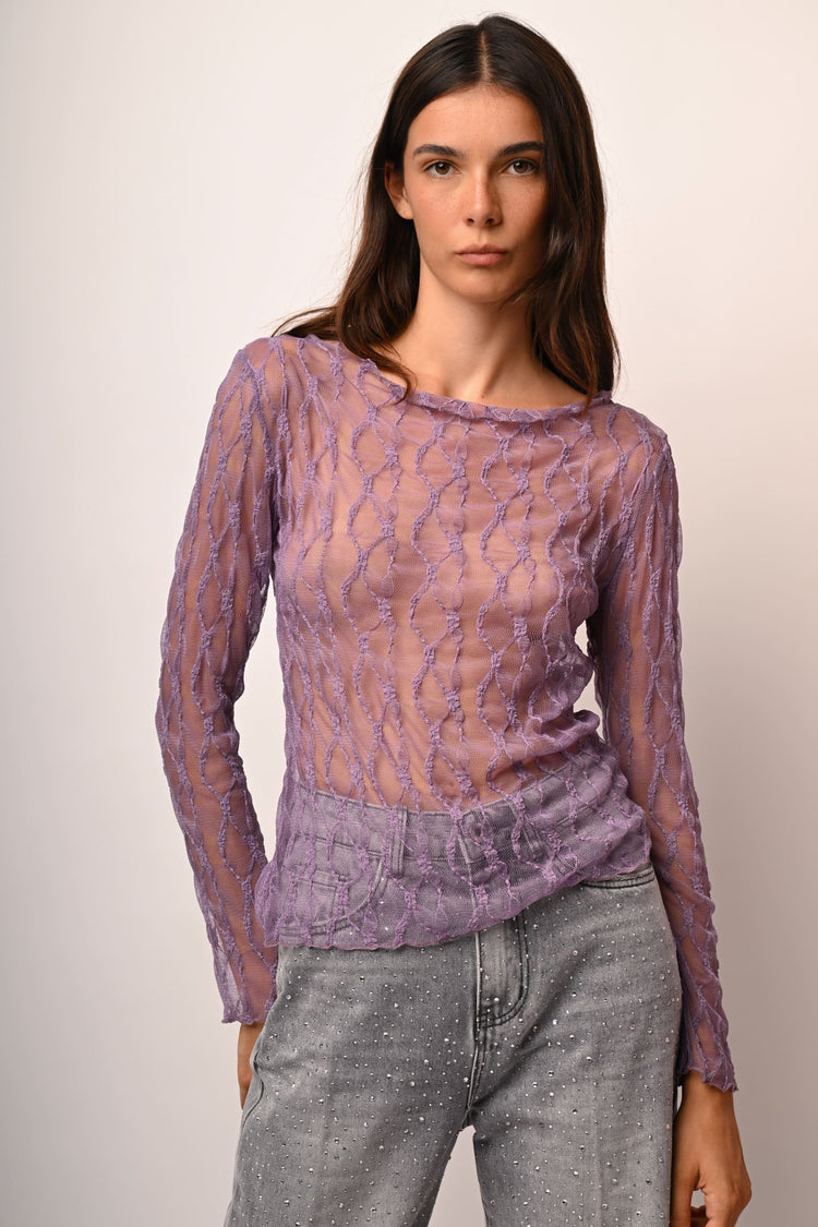 Dévoré tulle boat neck top