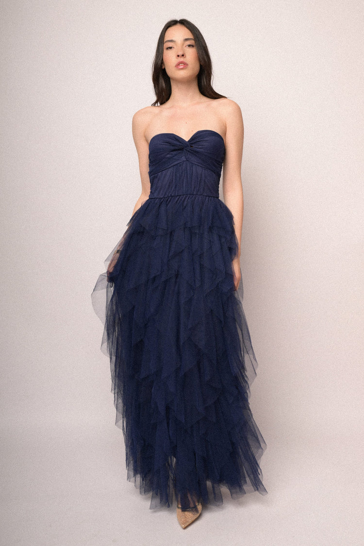 Blue tulle sleeveless gown