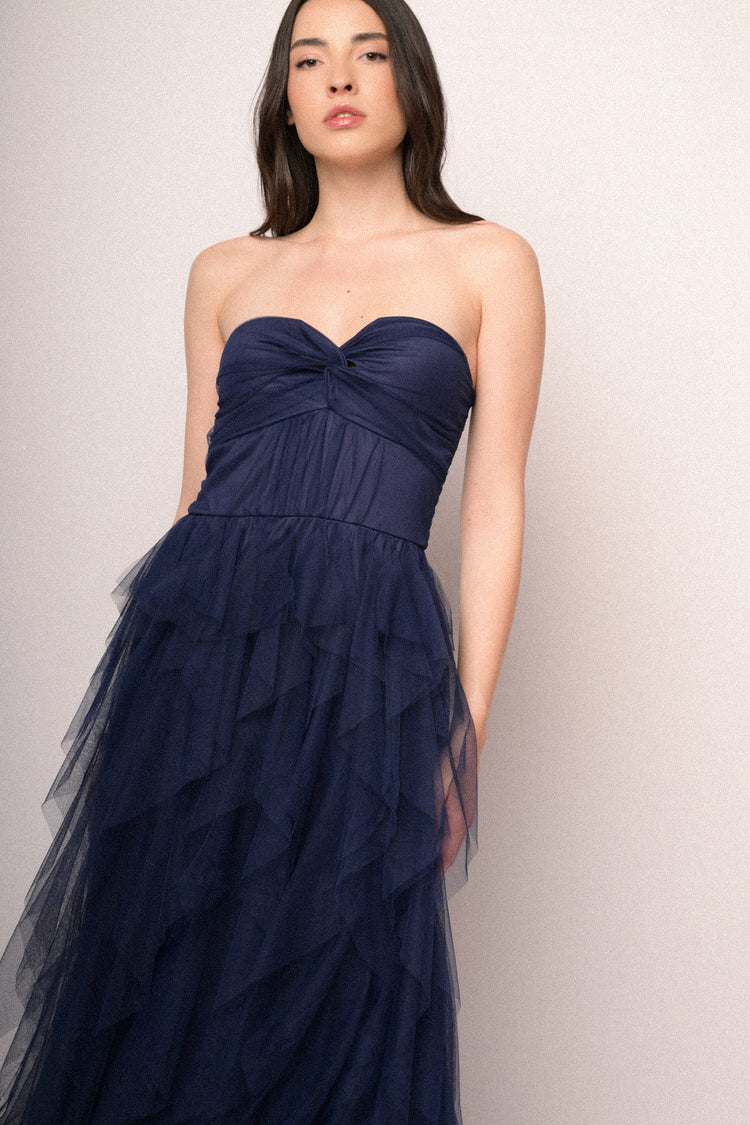 Blue tulle sleeveless gown