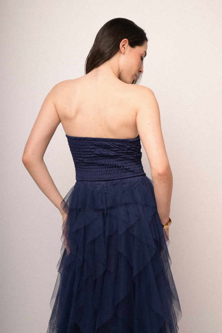 Blue tulle sleeveless gown