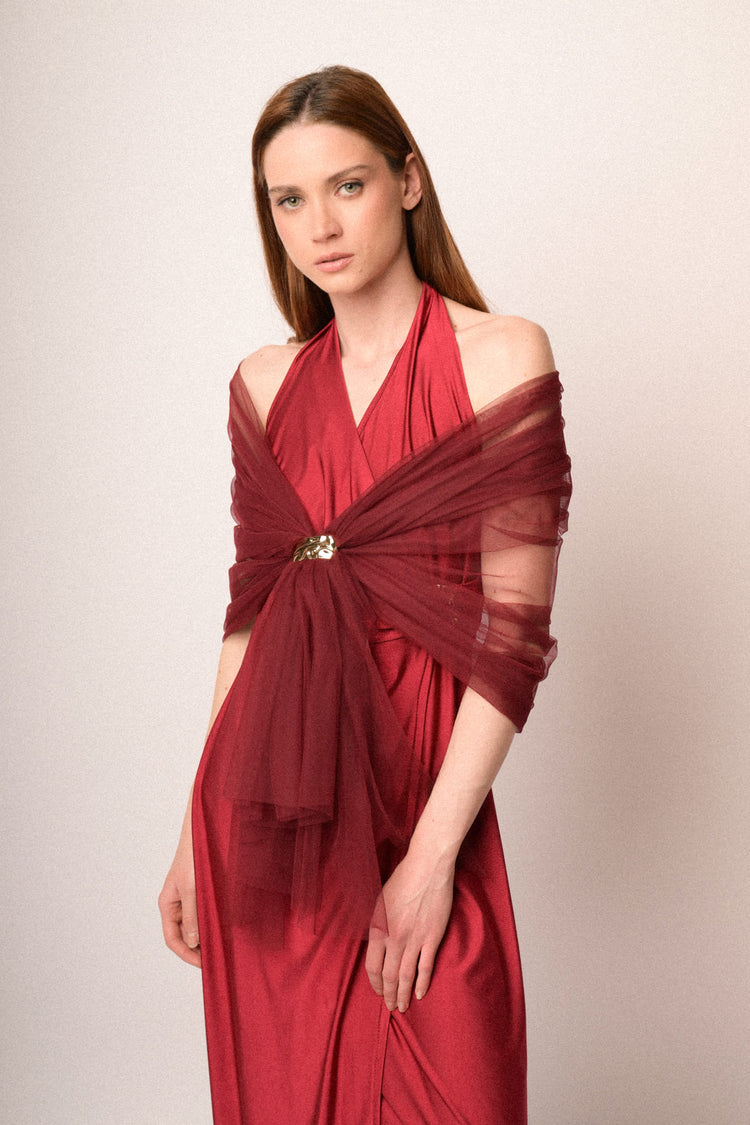 Golden buckle burgundy tulle stole