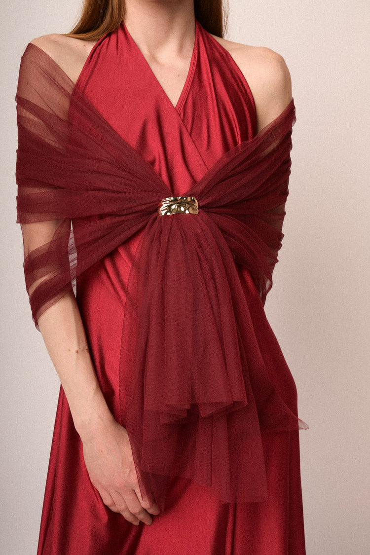 Golden buckle burgundy tulle stole