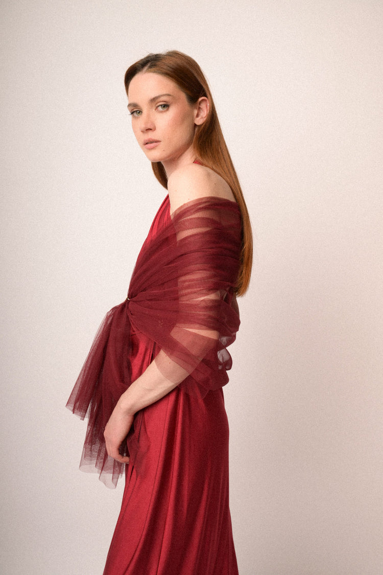 Golden buckle burgundy tulle stole