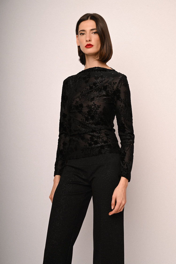 Floral devoré velvet and tulle long sleeved top