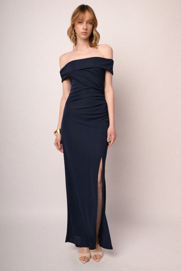 Dark blue off-the-shoulder gown