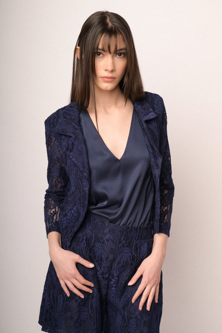Blue cotton-blend lace blazer
