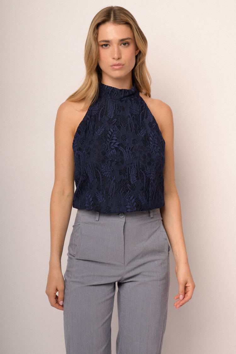 Blue 3D floral lace halter top