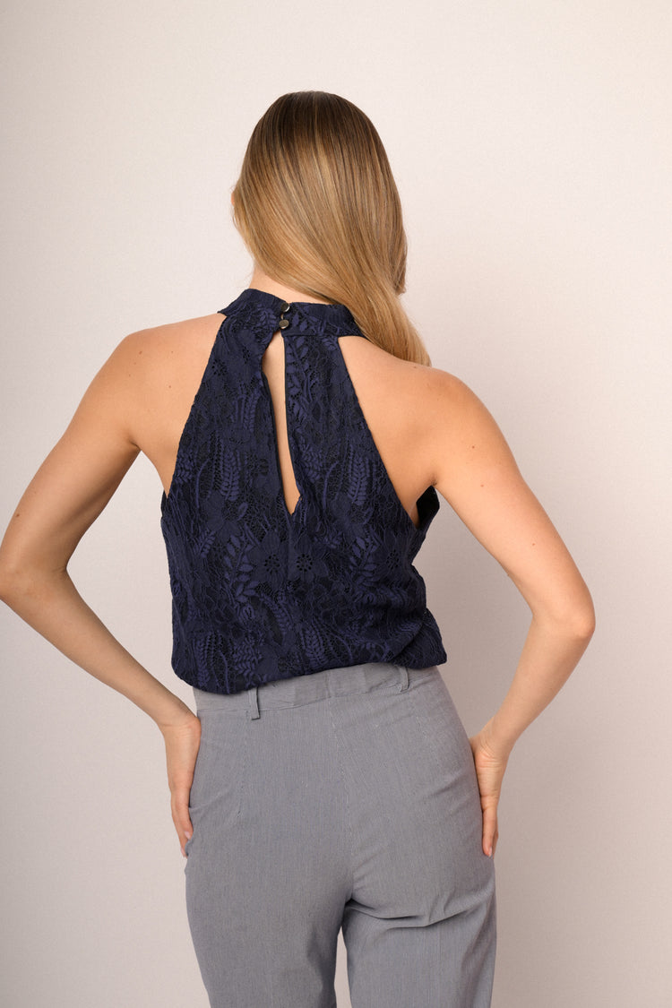 Blue 3D floral lace halter top