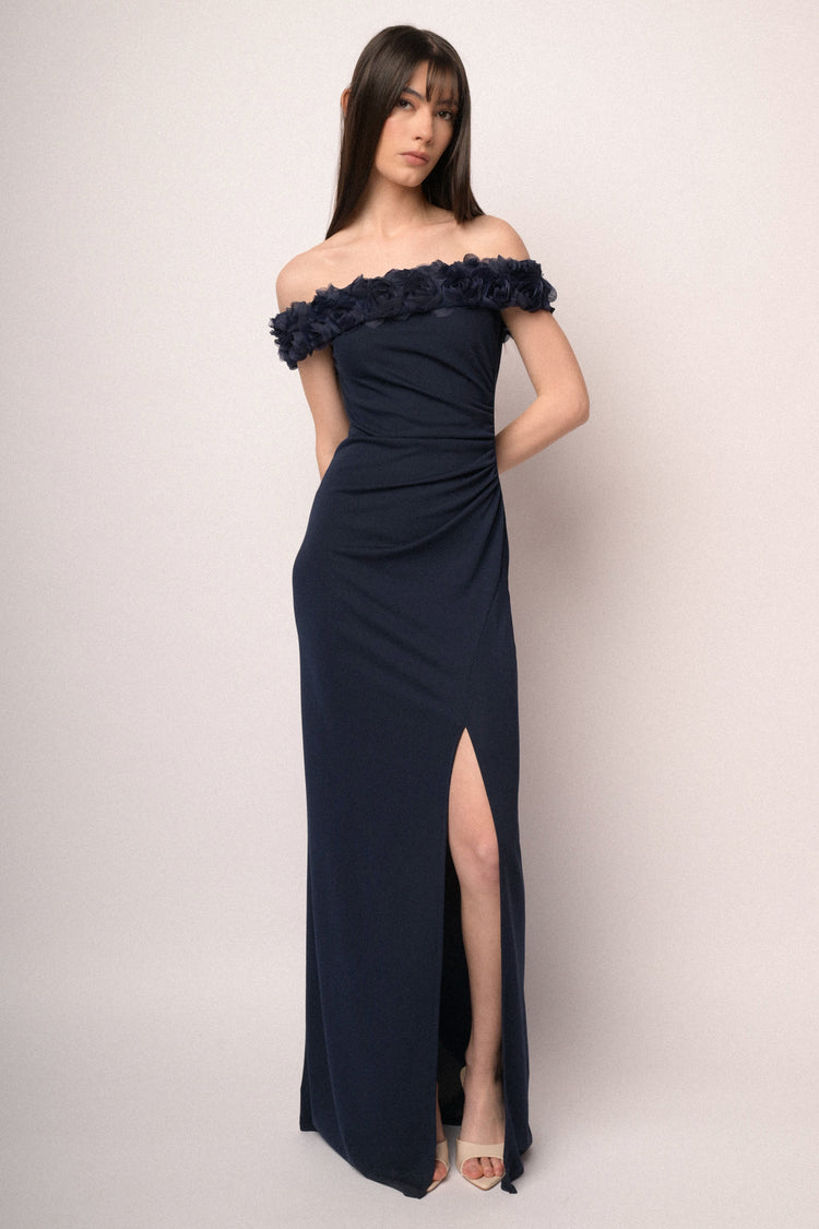 3D roses midnight blue off-the-shoulder gown