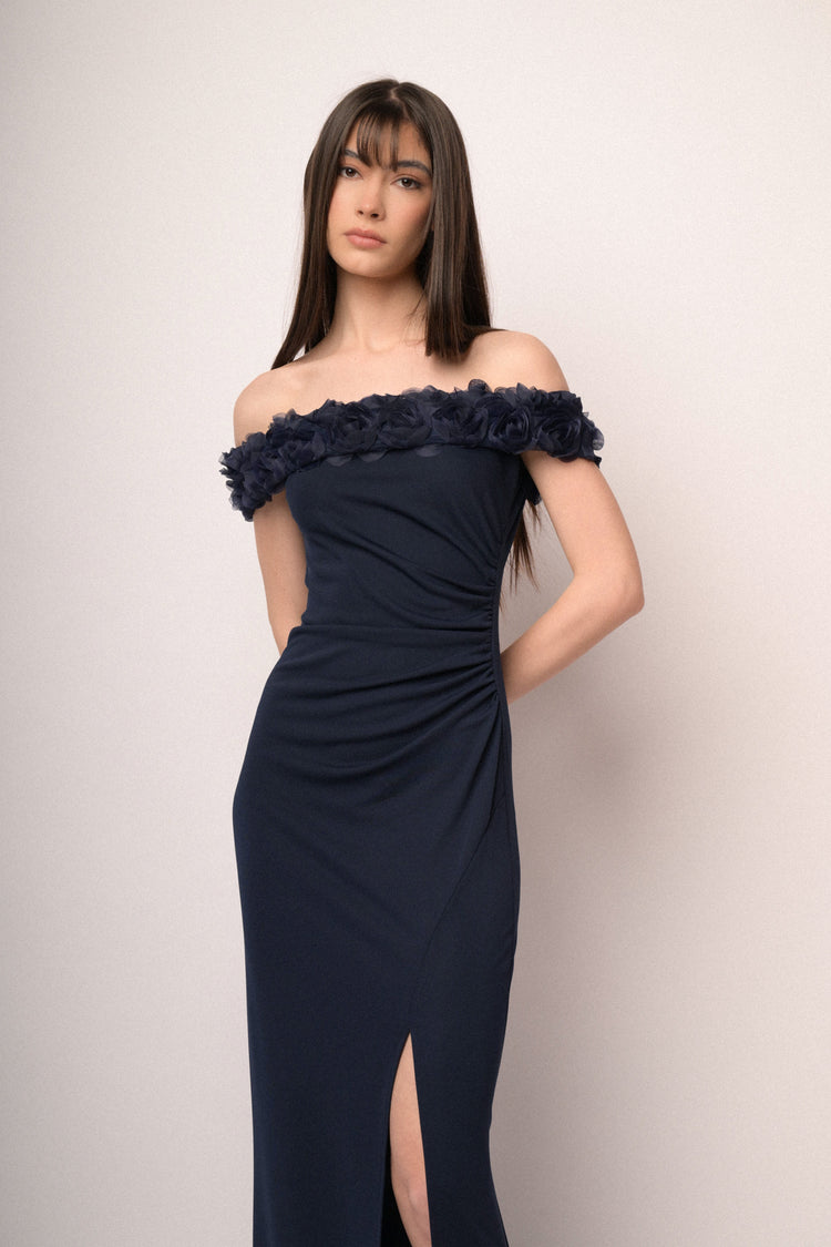 3D roses midnight blue off-the-shoulder gown