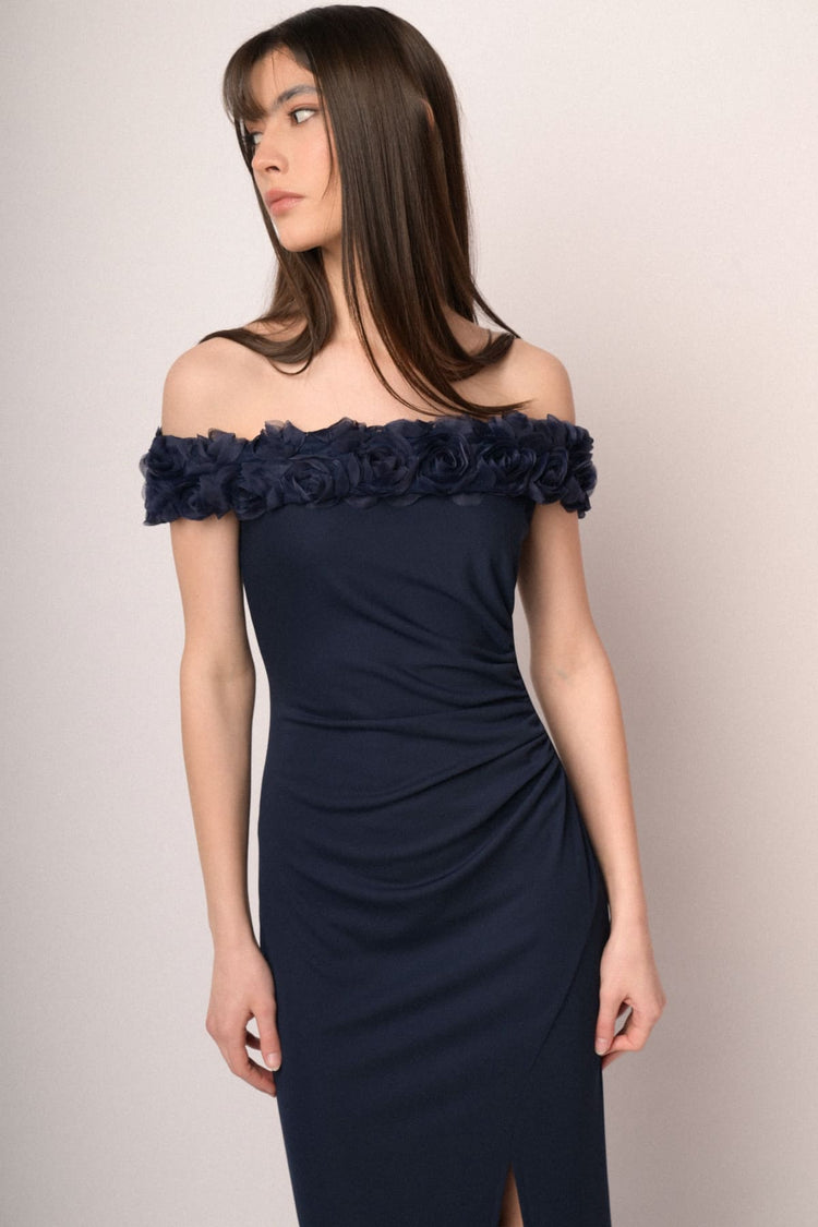 3D roses midnight blue off-the-shoulder gown