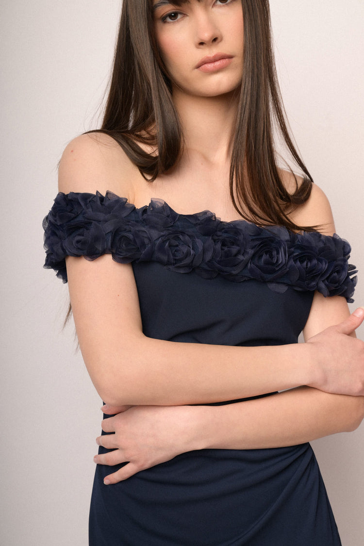 3D roses midnight blue off-the-shoulder gown