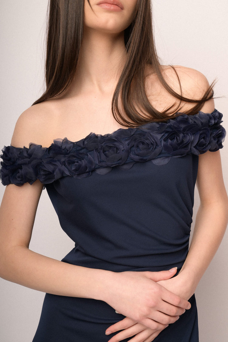 3D roses midnight blue off-the-shoulder gown