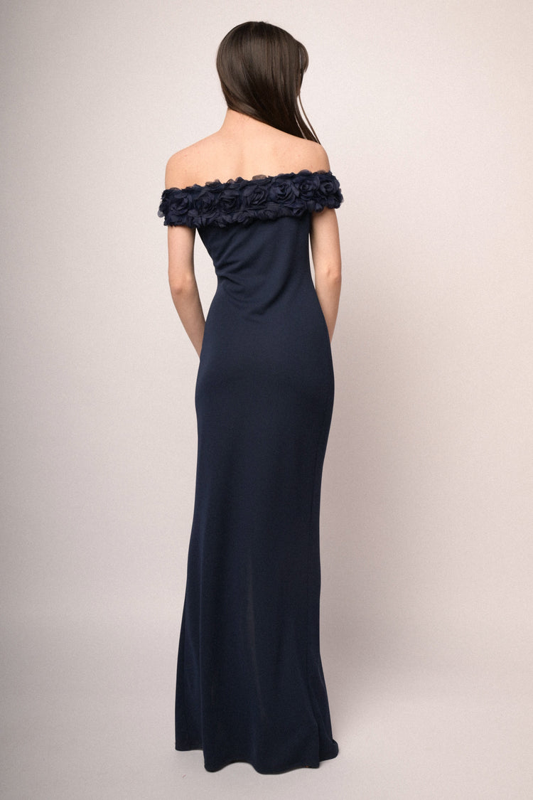 3D roses midnight blue off-the-shoulder gown
