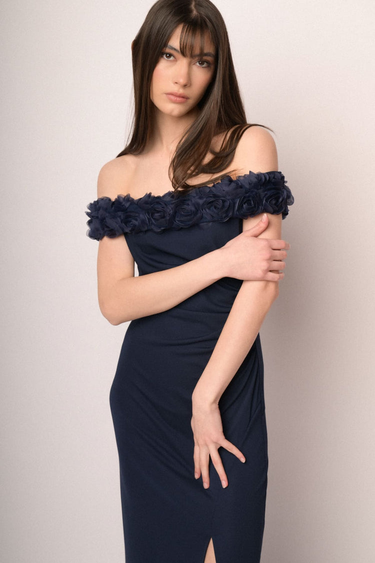 3D roses midnight blue off-the-shoulder gown