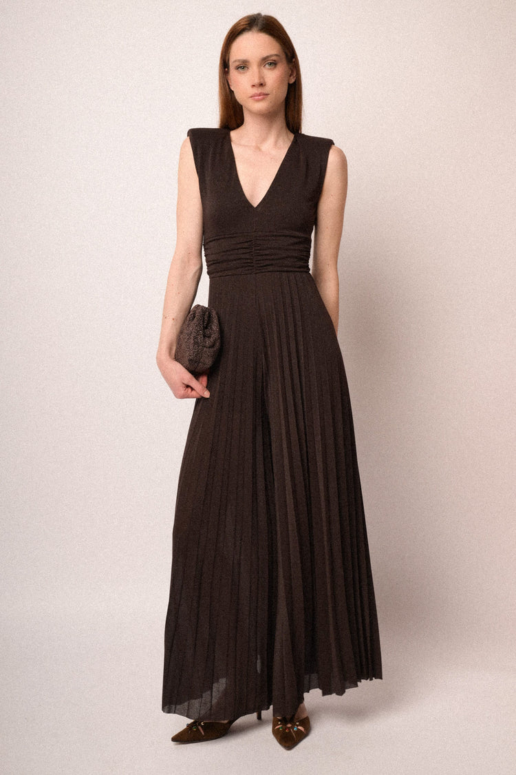 Chocolate lurex pleated jumpsuit
