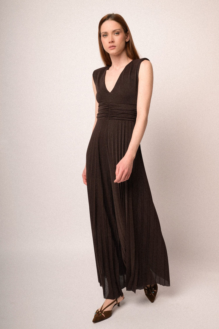 Chocolate lurex pleated jumpsuit