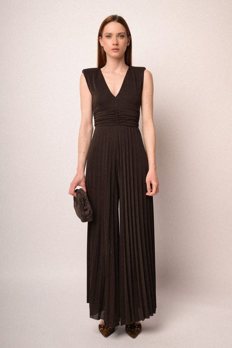 Chocolate lurex pleated jumpsuit