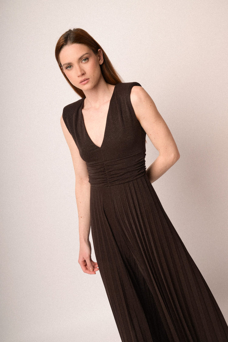 Chocolate lurex pleated jumpsuit