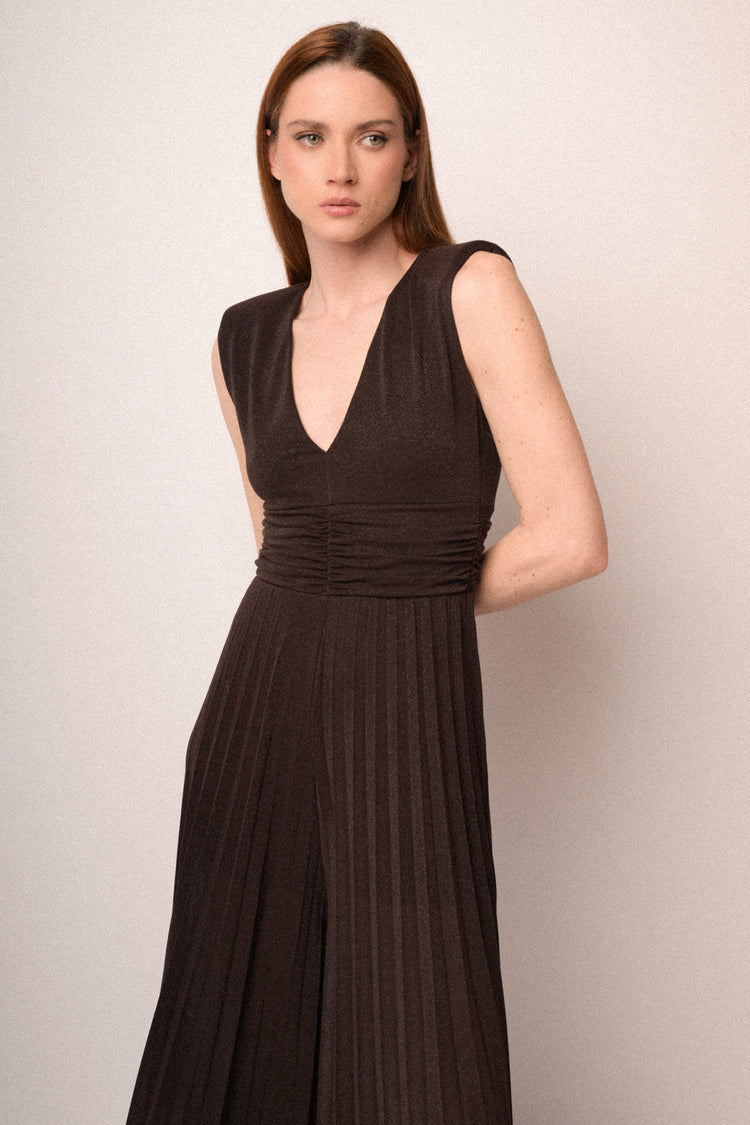 Chocolate lurex pleated jumpsuit