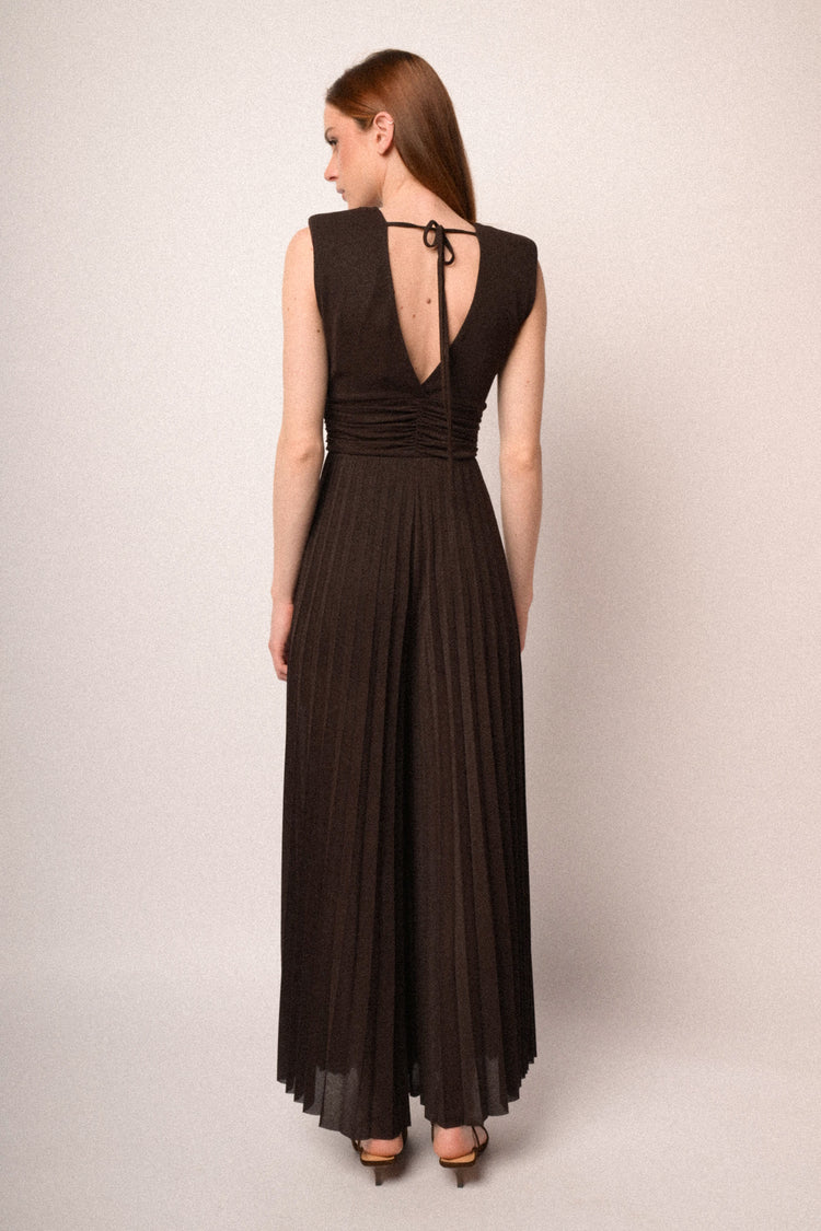 Chocolate lurex pleated jumpsuit