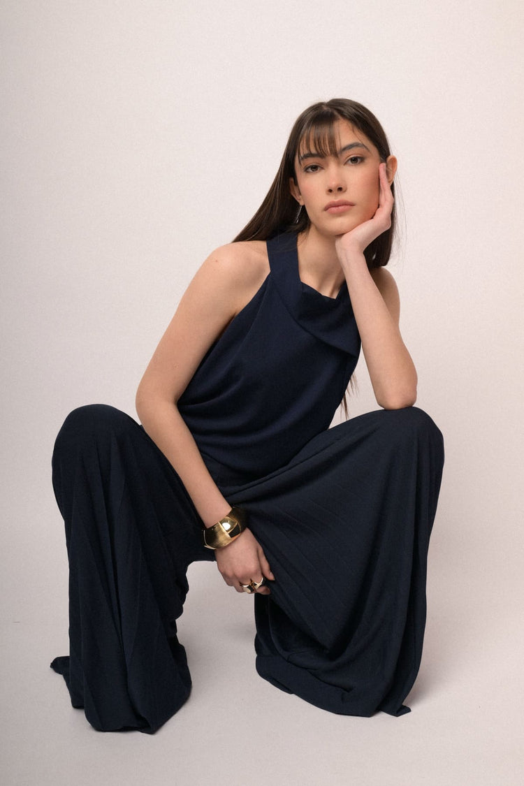Blue pleated wide leg trousers