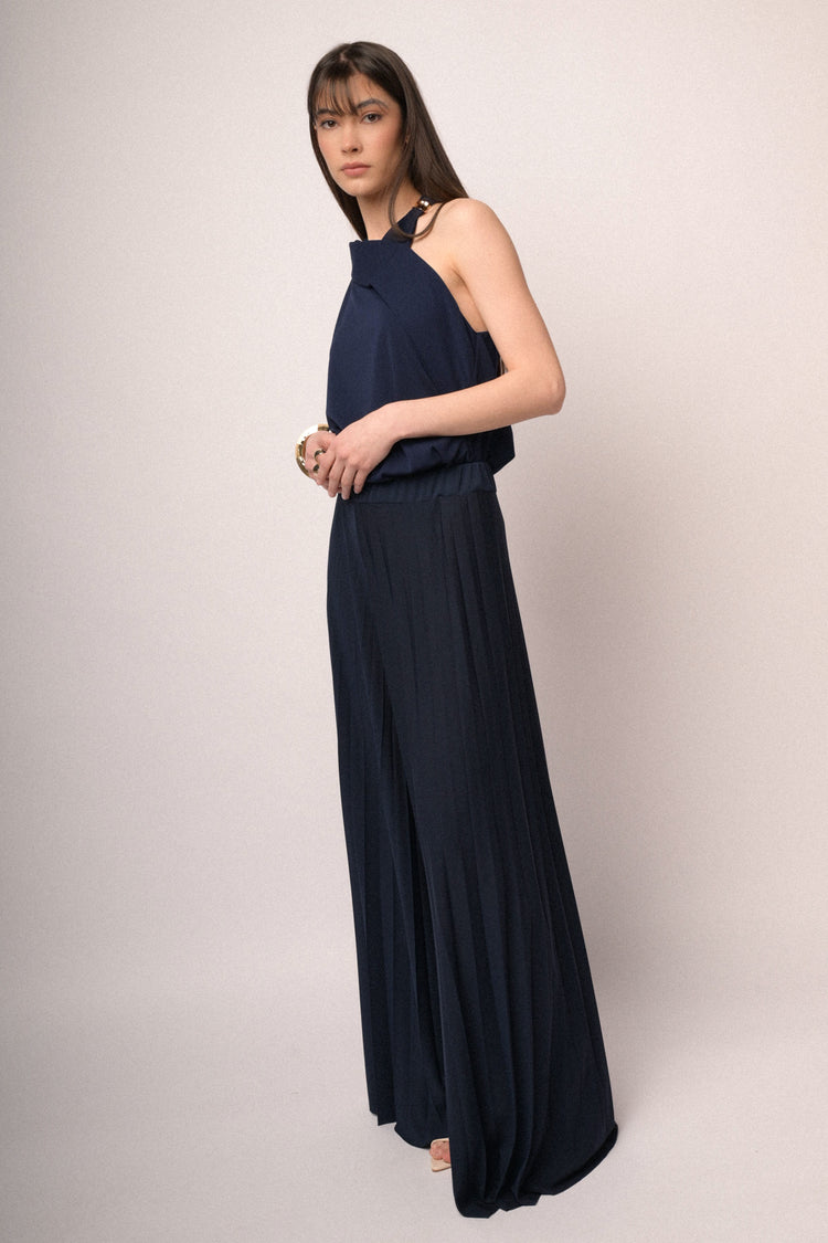 Blue pleated wide leg trousers